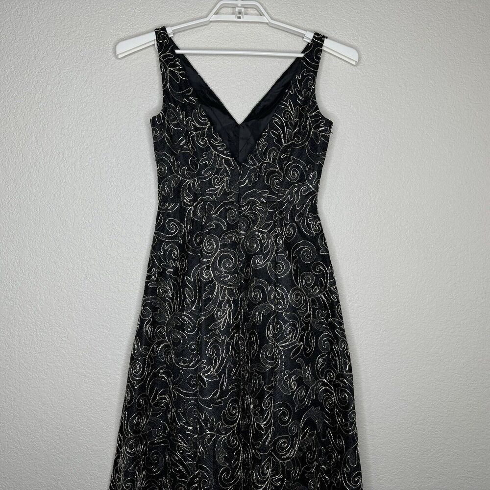 Calvin Klein Dress Gown Sz 4 Black Gold Sequins High Low Sleeveless Deep V Lined - Picture 8 of 11